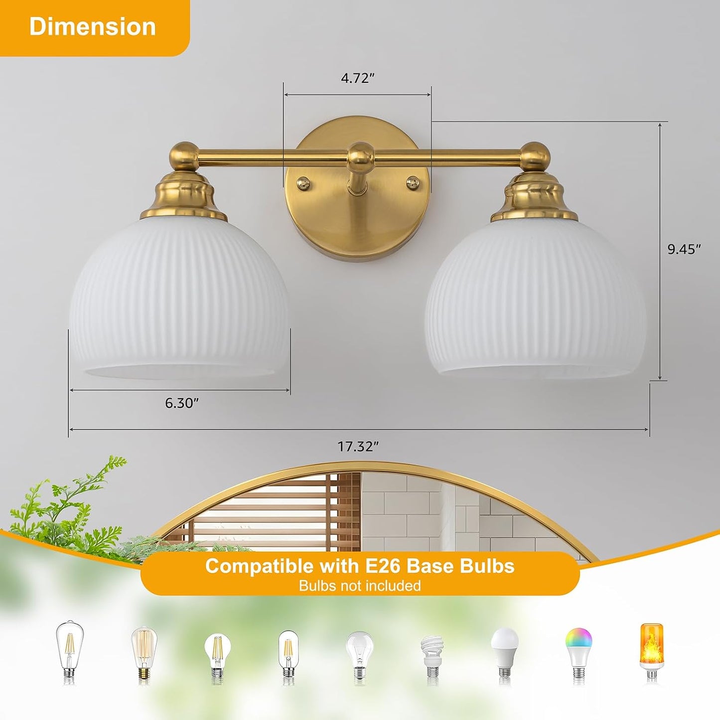 Lámpara baño 2 luces vintage dorado vidrio blanco leche E26