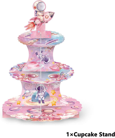 Soporte magdalenas 3 niveles rosa astronauta fiesta cartón