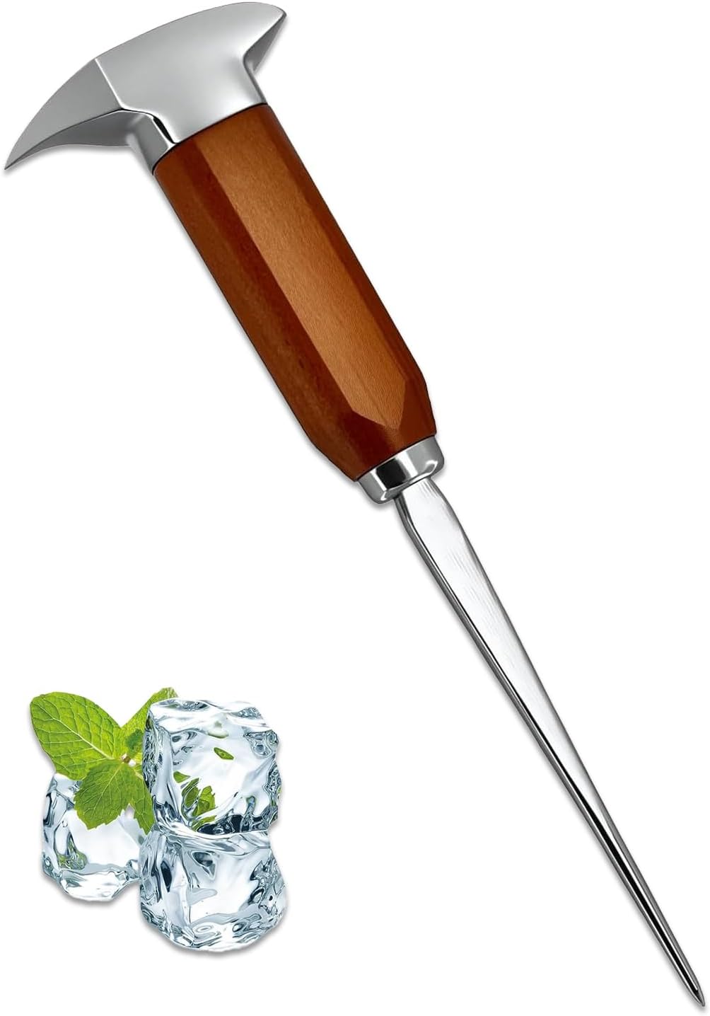 Palillo de hielo de acero inoxidable con mango de madera para cocina, bar y hogar