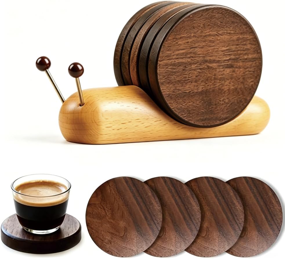 Set de 5 cojines para bebidas con soporte de caracol de madera natural