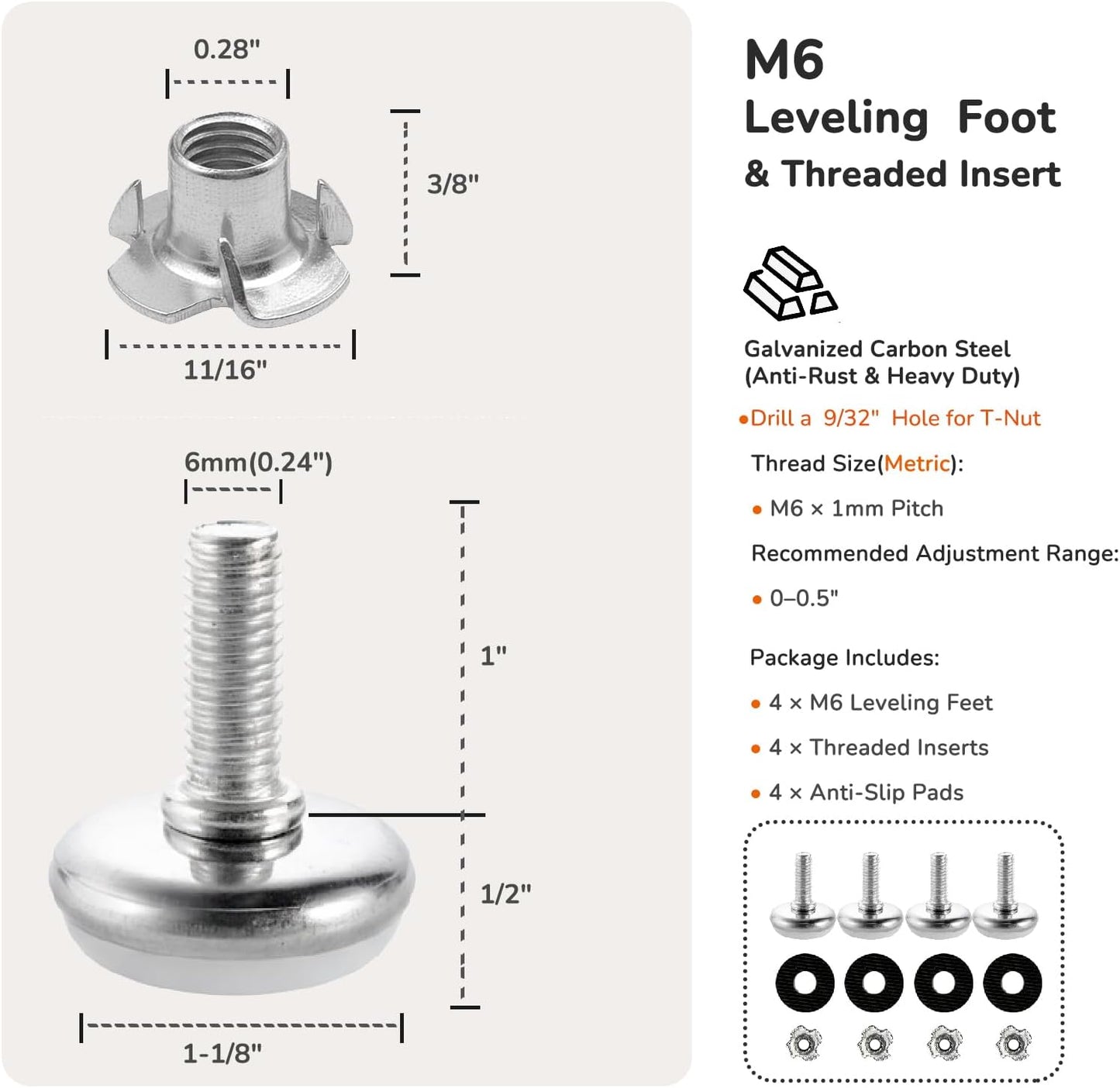 Niveladores M6 para muebles 4 pzas ajustables