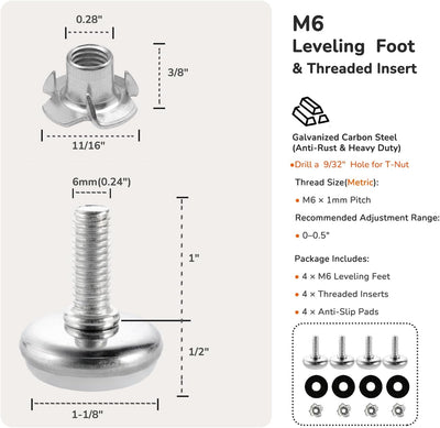 Niveladores M6 para muebles 4 pzas ajustables