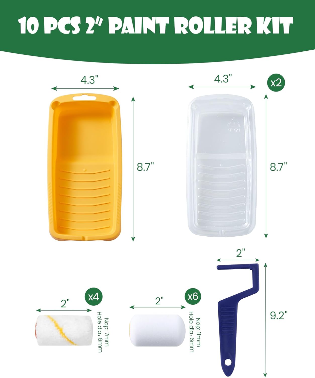 Rodillo pintura 2pulg microfibra set 10 con bandeja