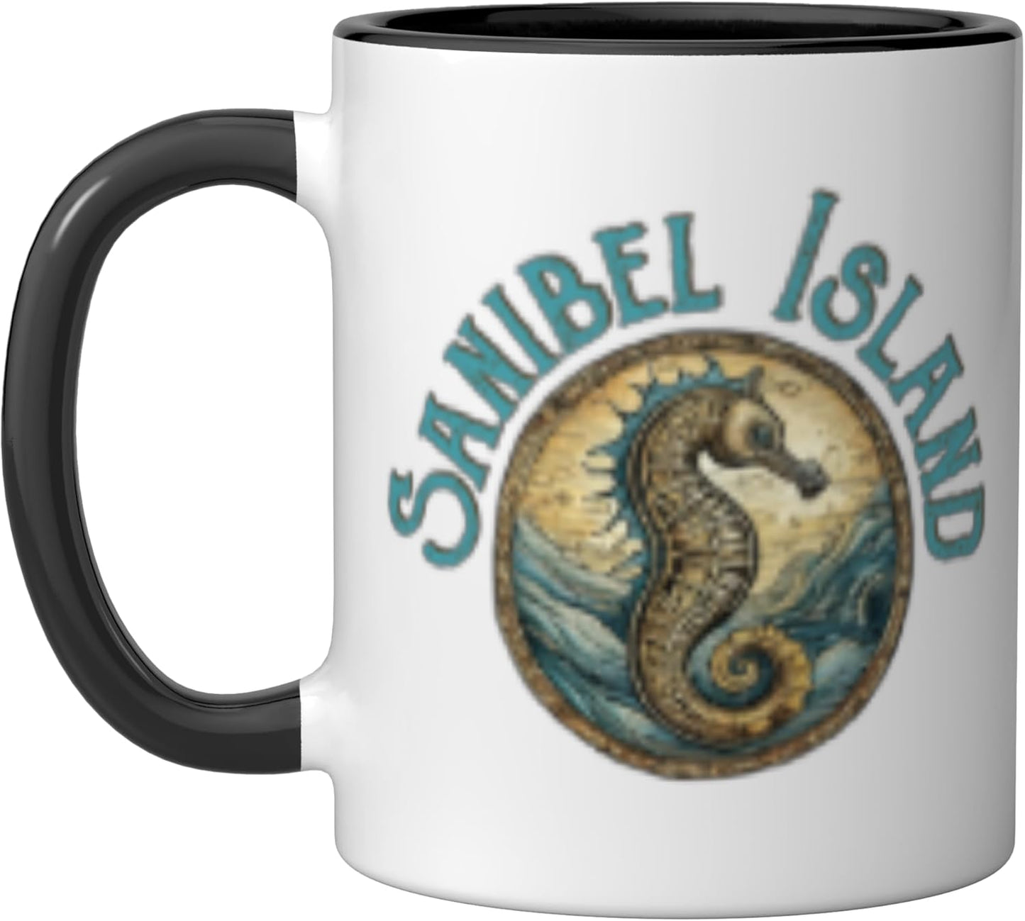 Taza Cerámica Diseño Caballito Mar Sanibel Isla FL Negro/Blanco