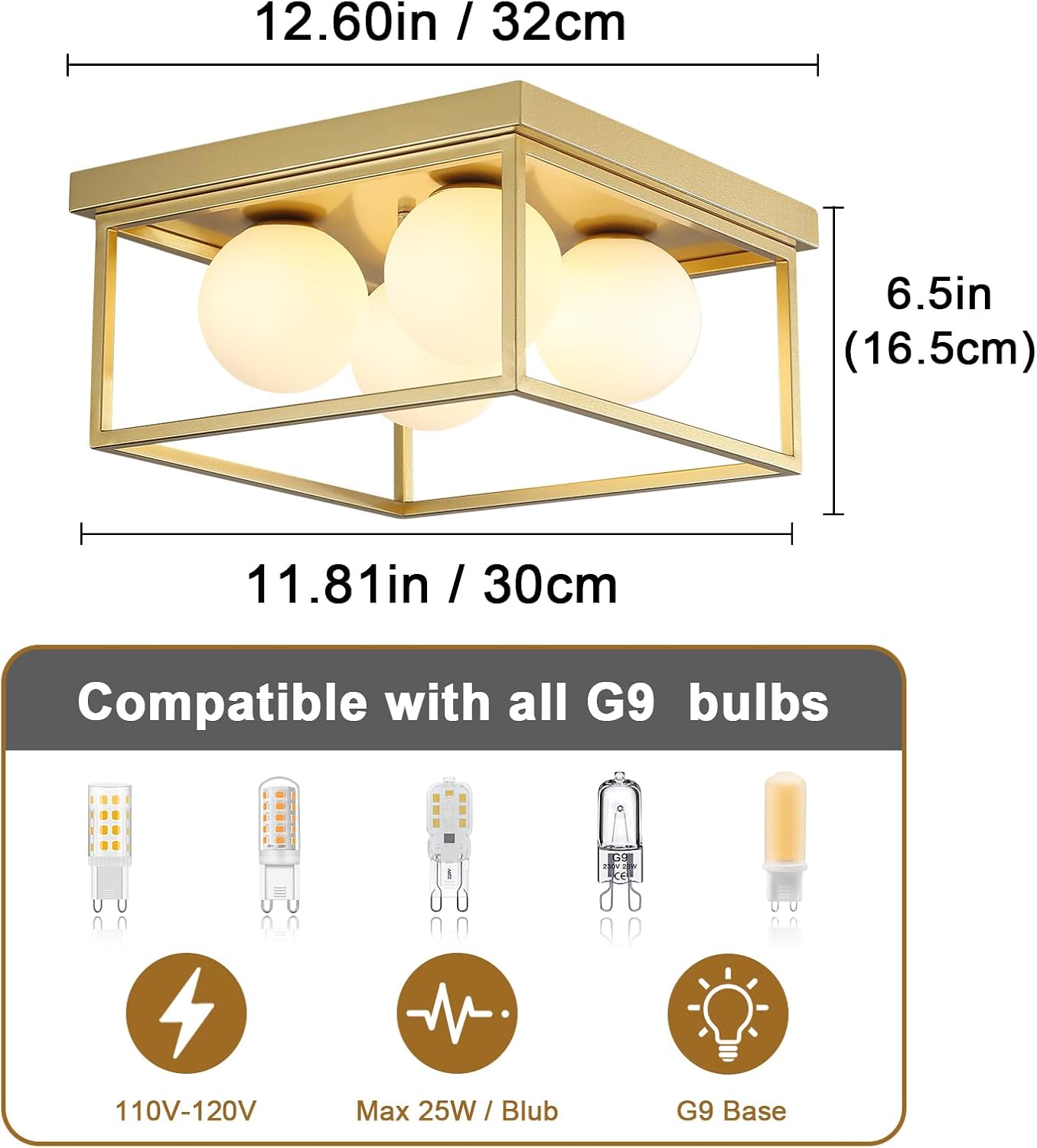 Lámpara techo dorada 12.6pulg 4 luces moderna dormitorio cocina