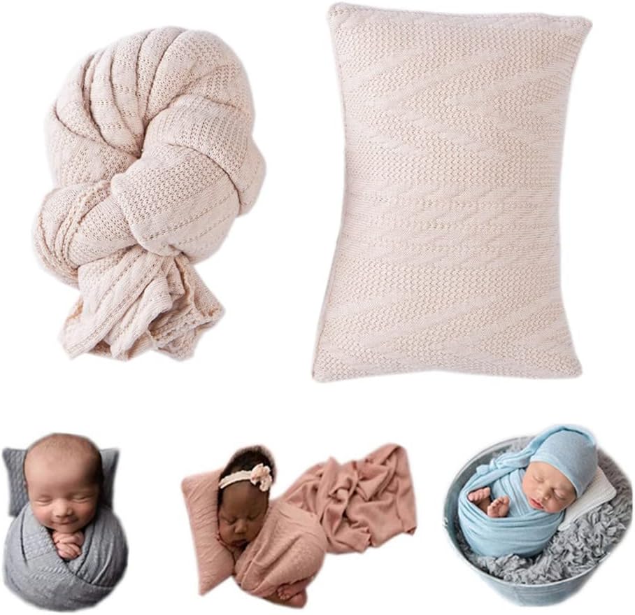 Juego accesorios foto bebé manta elástica y almohadilla beige