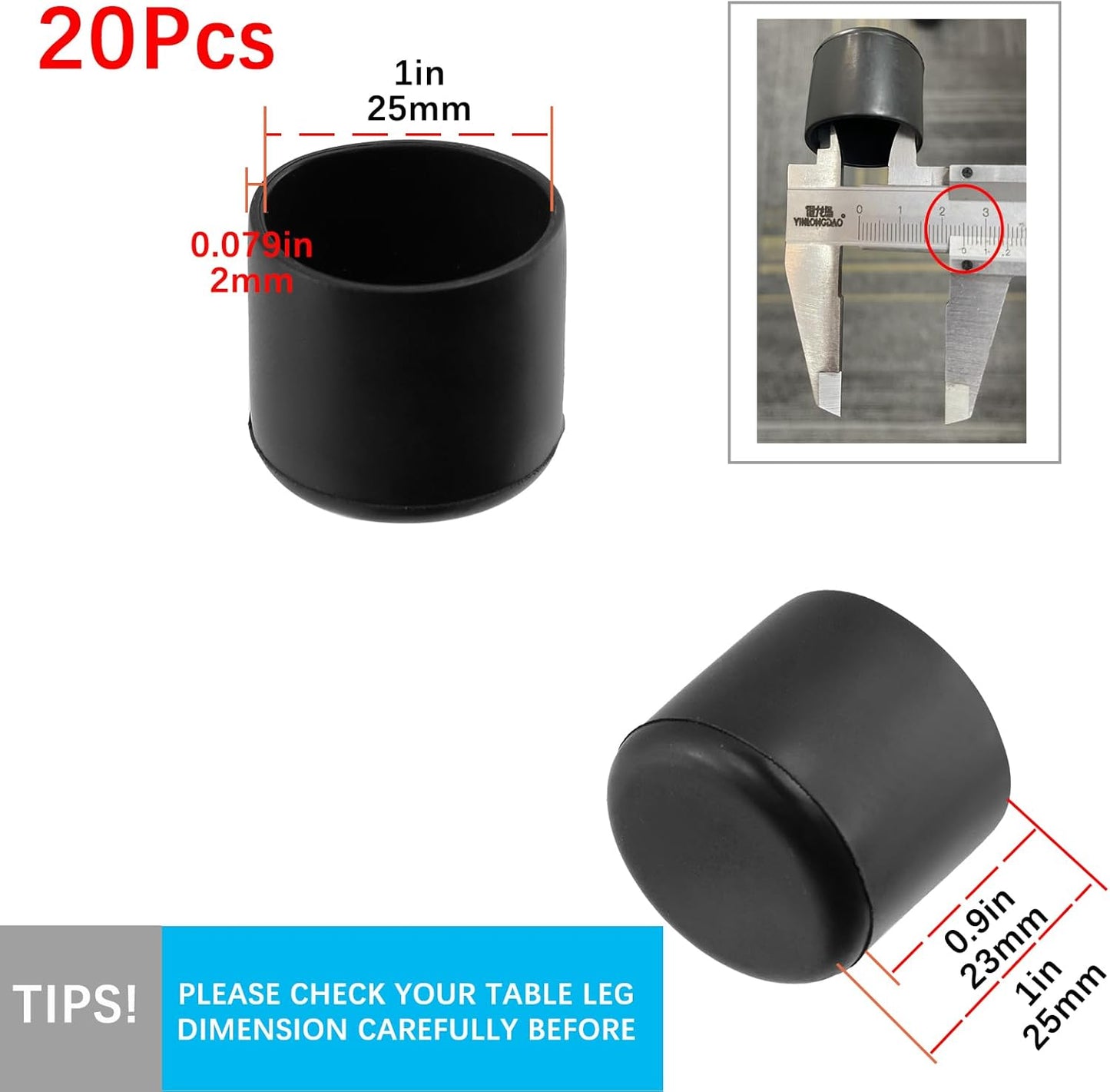 20 Fundas Redondas Patas Mesa Silicona 0.98pulg Negro