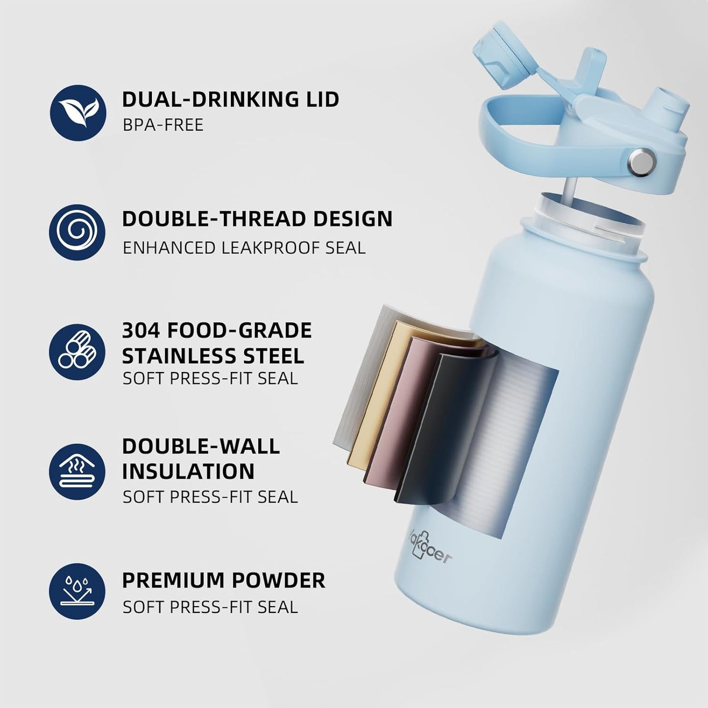 Botella de agua aislada de acero inoxidable 304 con popote 2 en 1