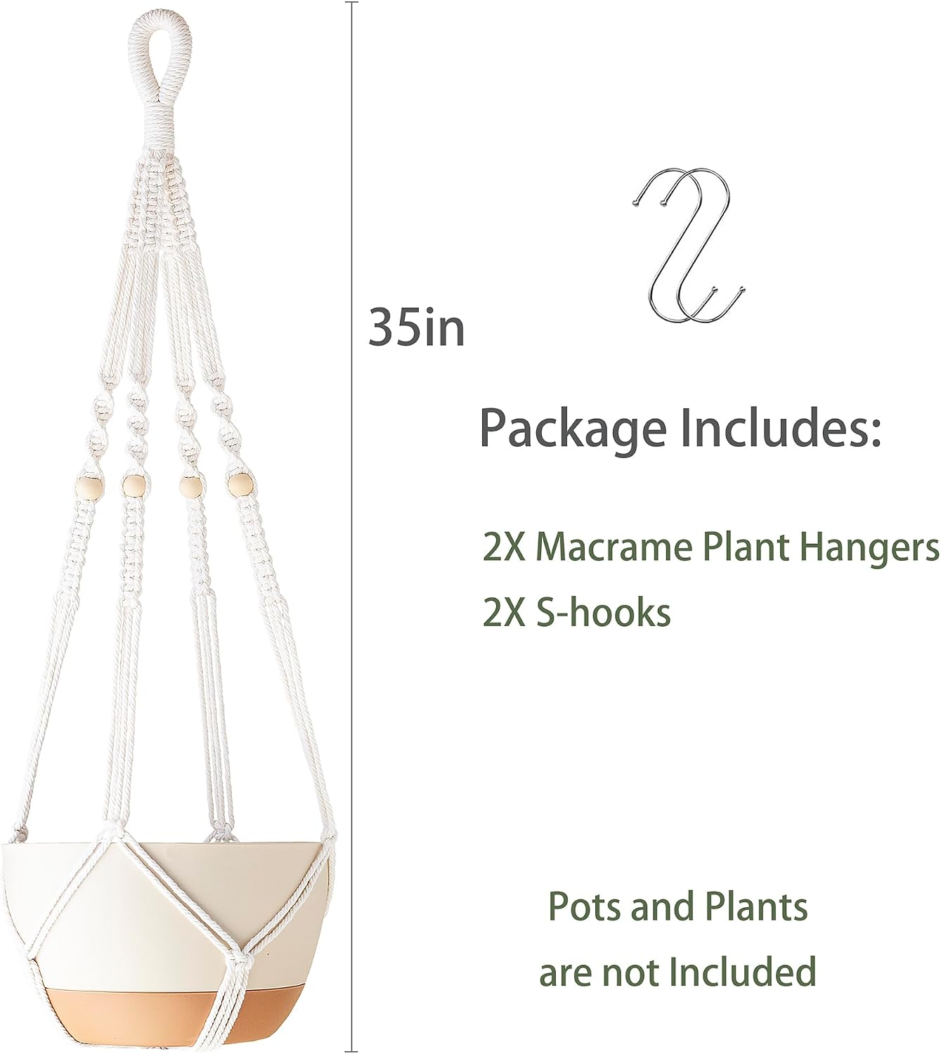 Colgador macramé 35pulg para plantas con cuentas madera