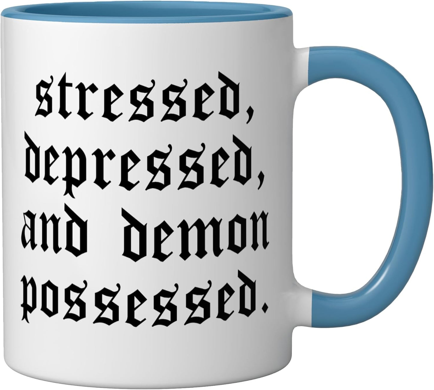 Taza cerámica gothica con texto humoristico azul/blanco