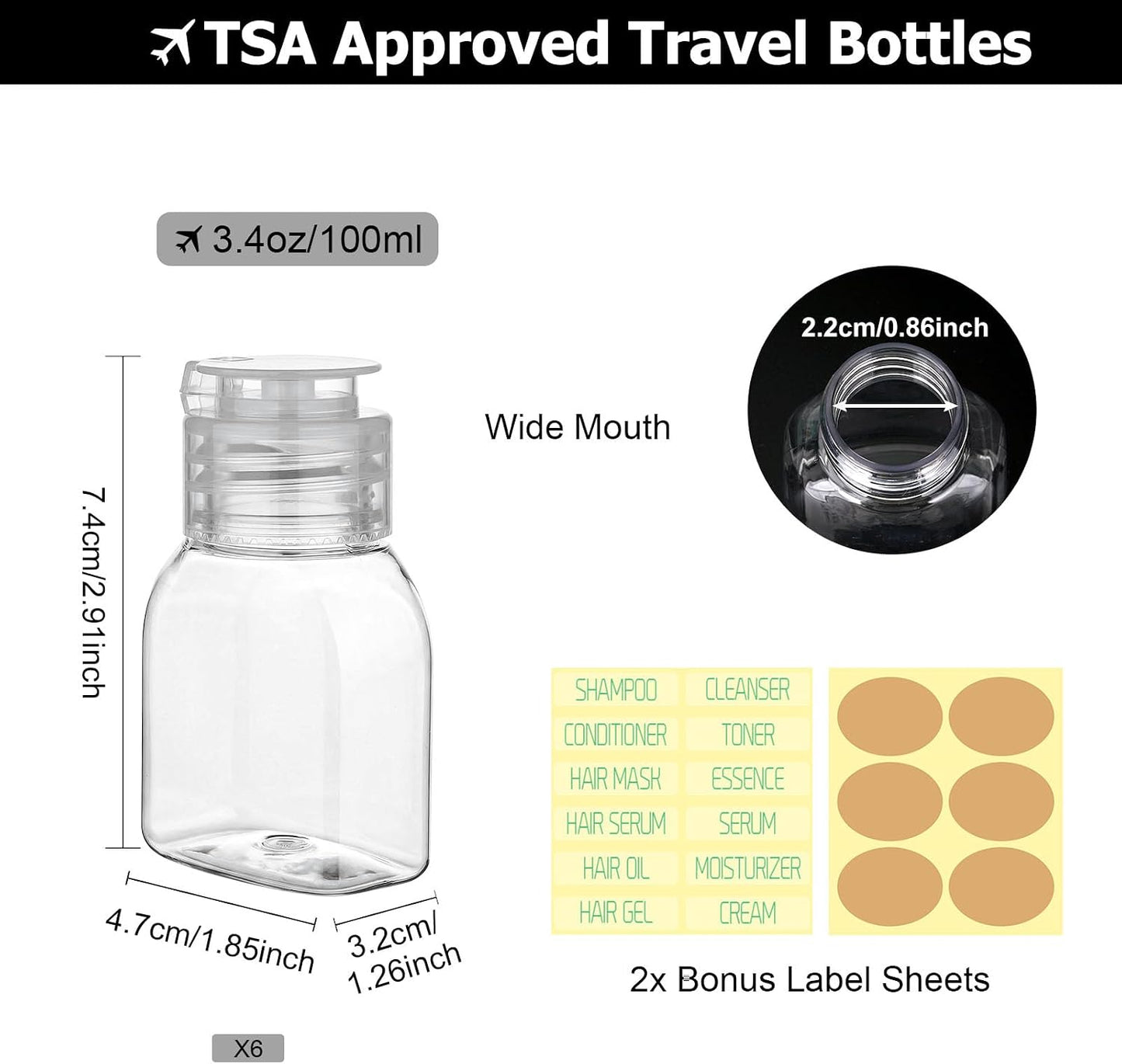 Botellas viaje TSA aprobadas 2oz exprimibles 6 pzas