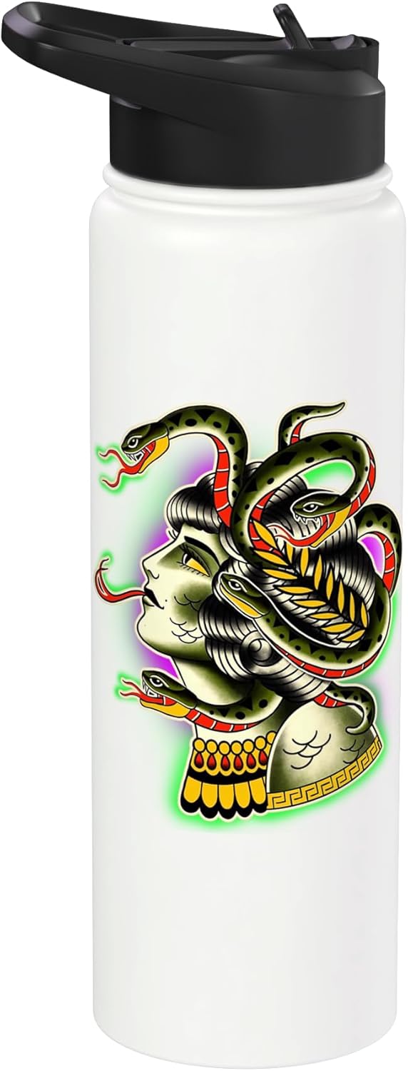 Botella de agua aislada Medusa diosa griega tatuaje flash acero inoxidable