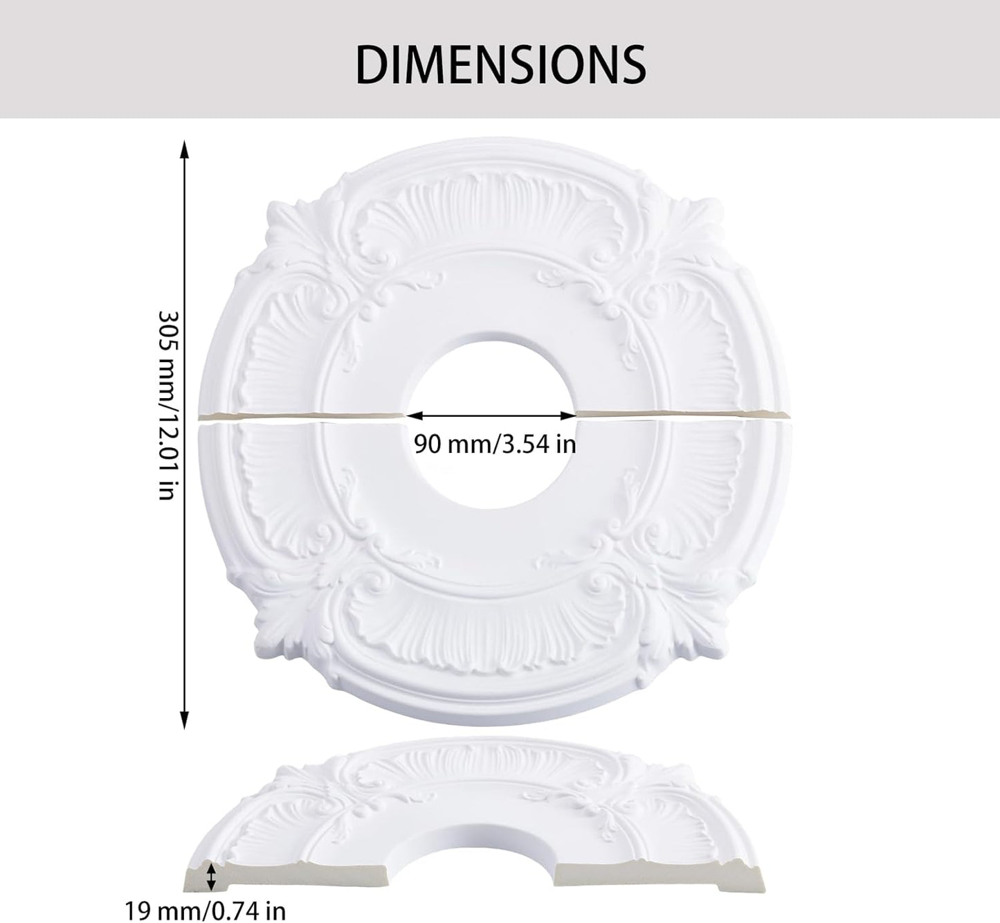 Medallón techo dividido ventilador 12pulg placa poliuretano blanco