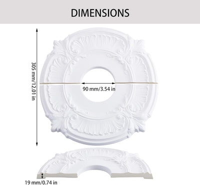 Medallón techo dividido ventilador 12pulg placa poliuretano blanco