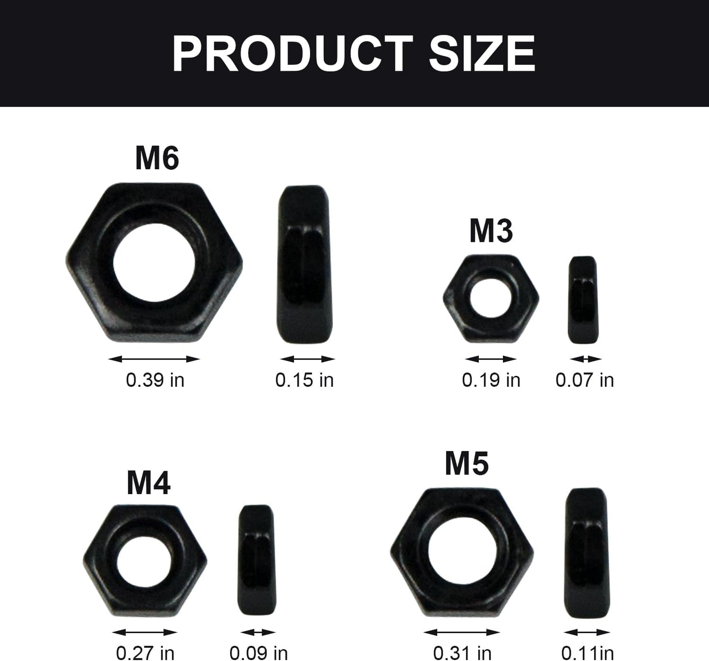 50 Tuercas Hex M4 Acero Carbono Oxidado Negro Caja Plástico