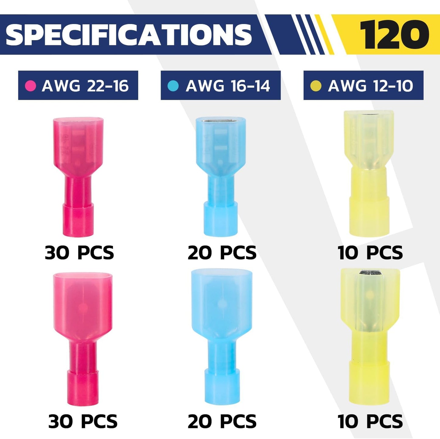 Kit 120 Pzas Conectores Pala Nylon 22-10 AWG Macho Hembra