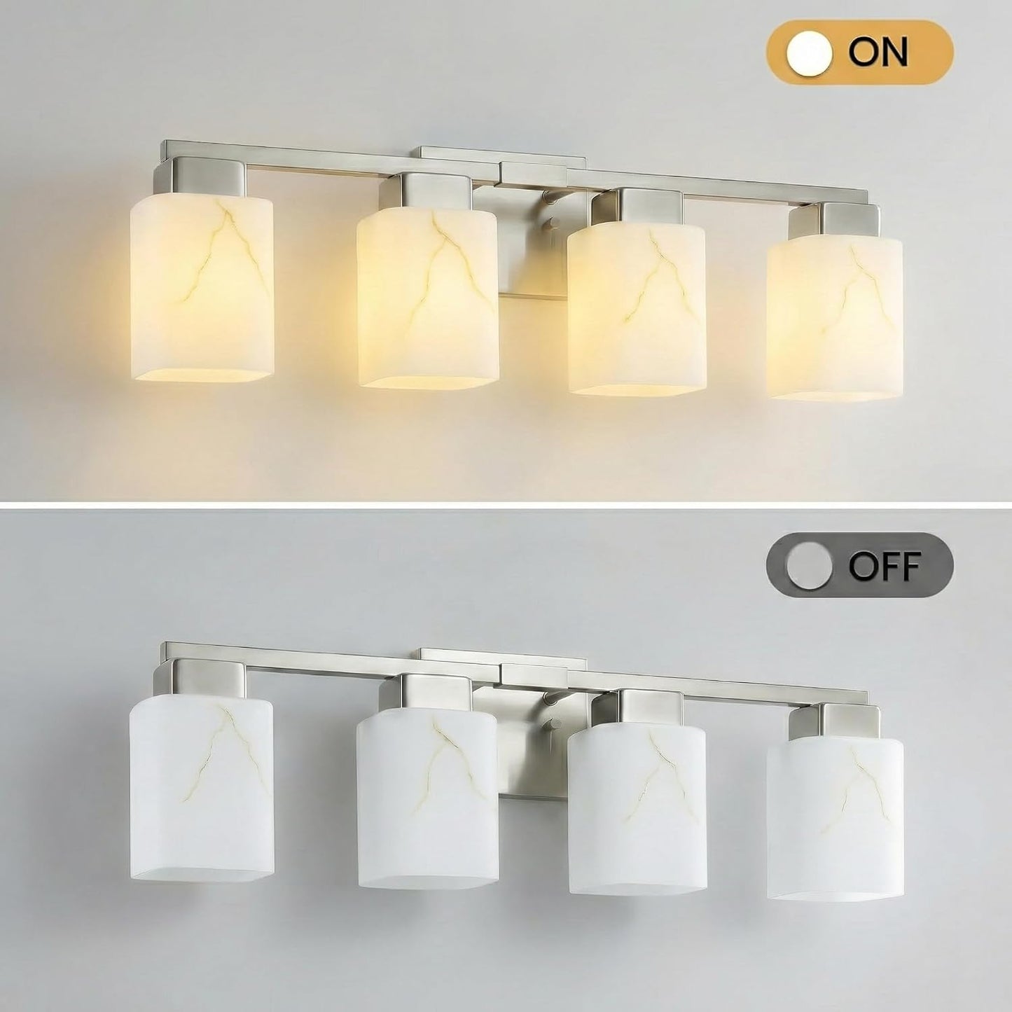 Lámpara baño 4 luces níquel cepillado pantalla mármol blanco E26