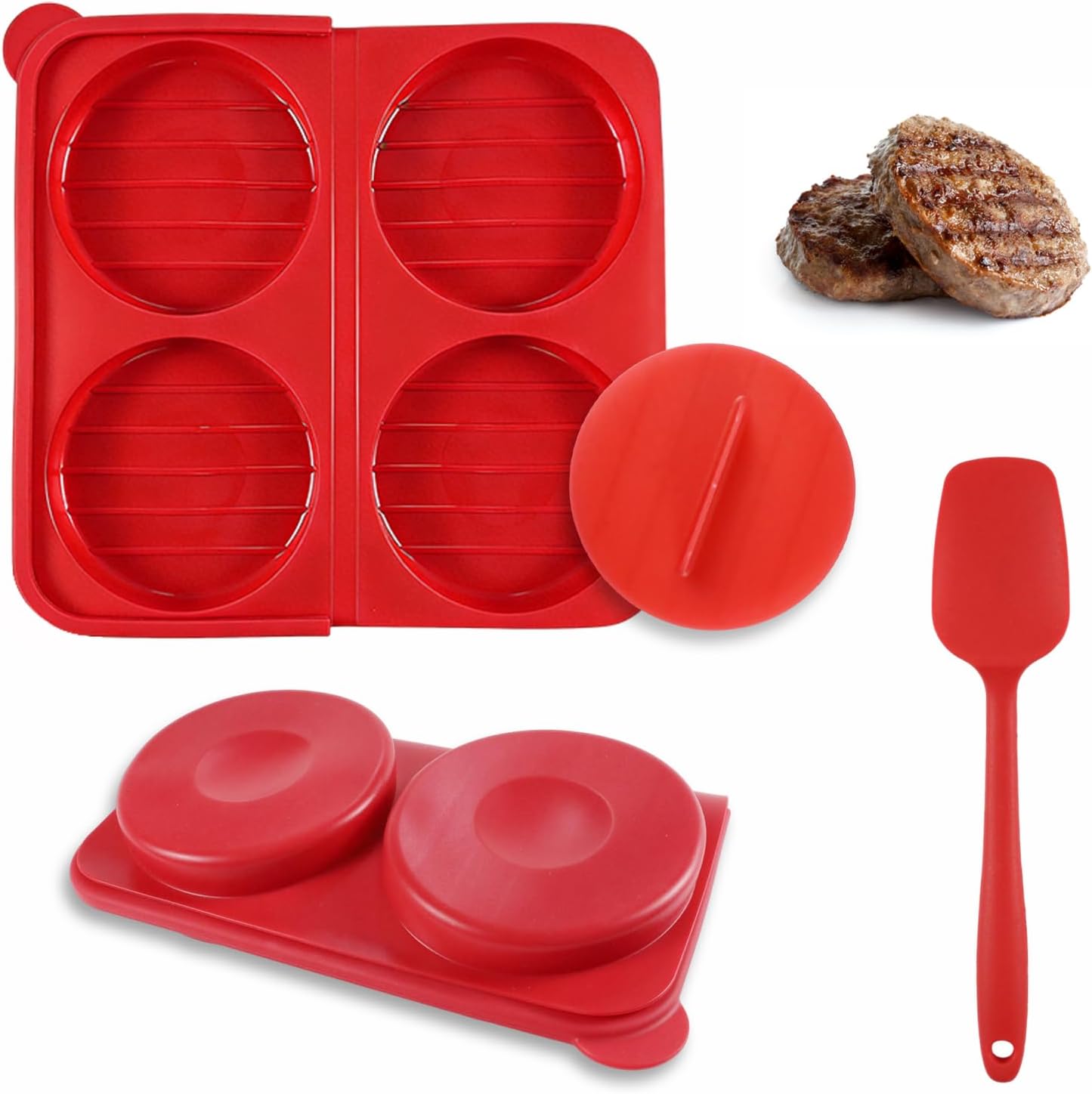 Molde de silicona para hamburguesas de 4 cavidades con espátula