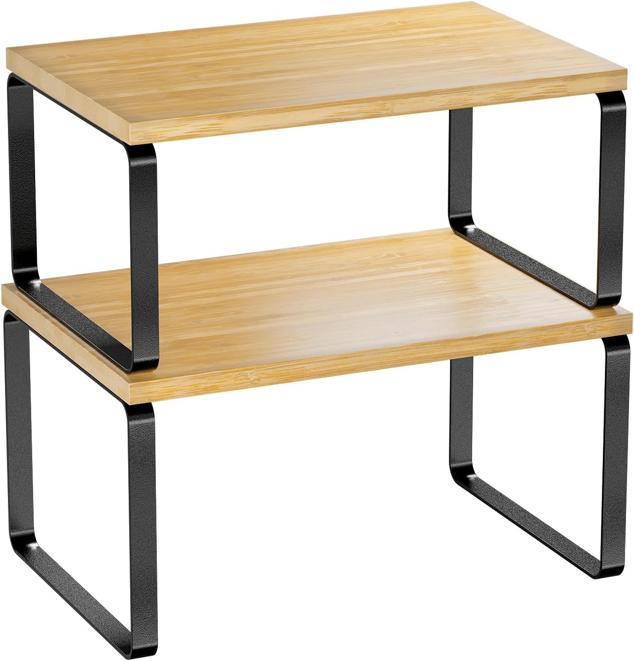 Estante organizador de gabinete de bambú, juego de 2 estantes apilables para cocina en negro y beige
