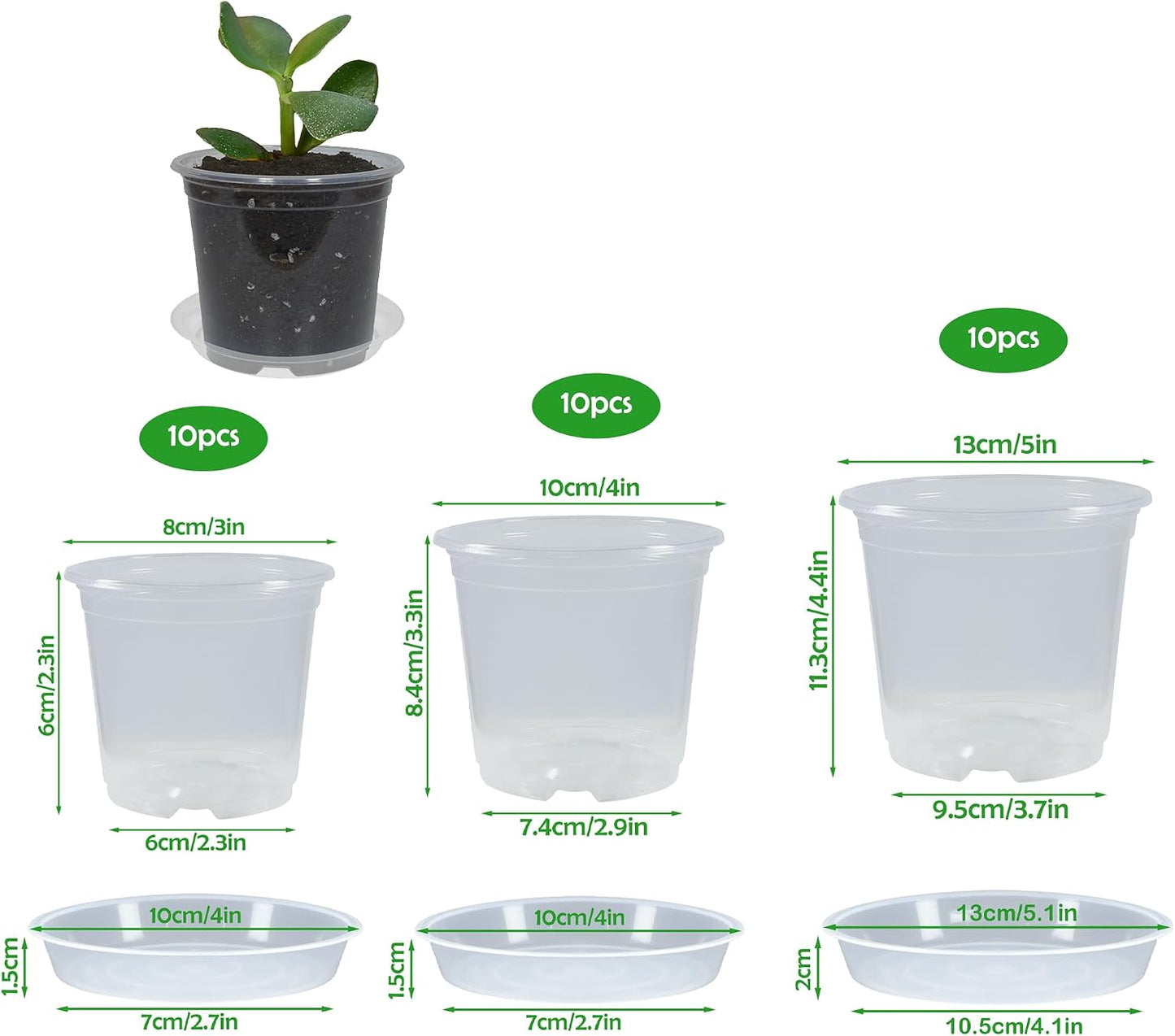 30 Macetas Transp. 3/4/5pulg Drenaje y 30 Platillos para Plantas