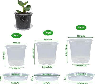 30 Macetas Transp. 3/4/5pulg Drenaje y 30 Platillos para Plantas