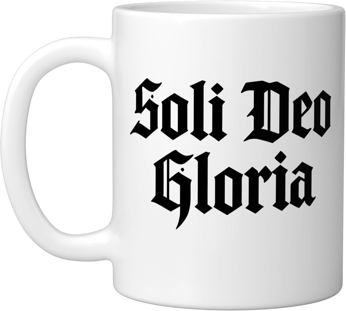 Taza de cerámica cristiana Soli Deo Gloria blanco