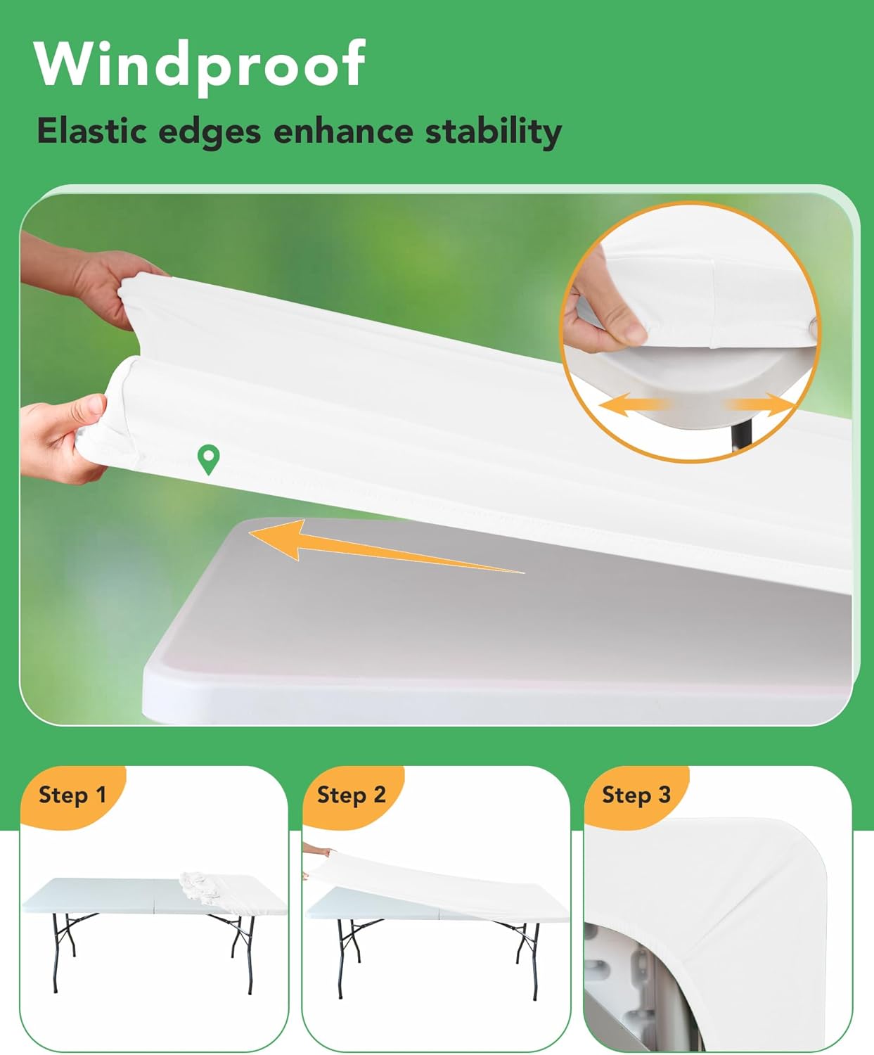Mantel rectangular 8ft set 8 elásticos blancos resistente agua