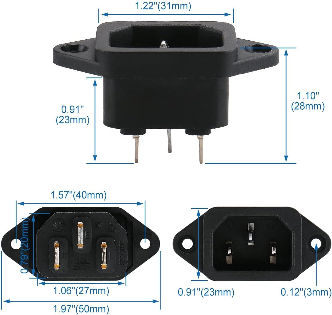 Toma corriente IEC320 C14 cobre 250V 10A 3pines set 4