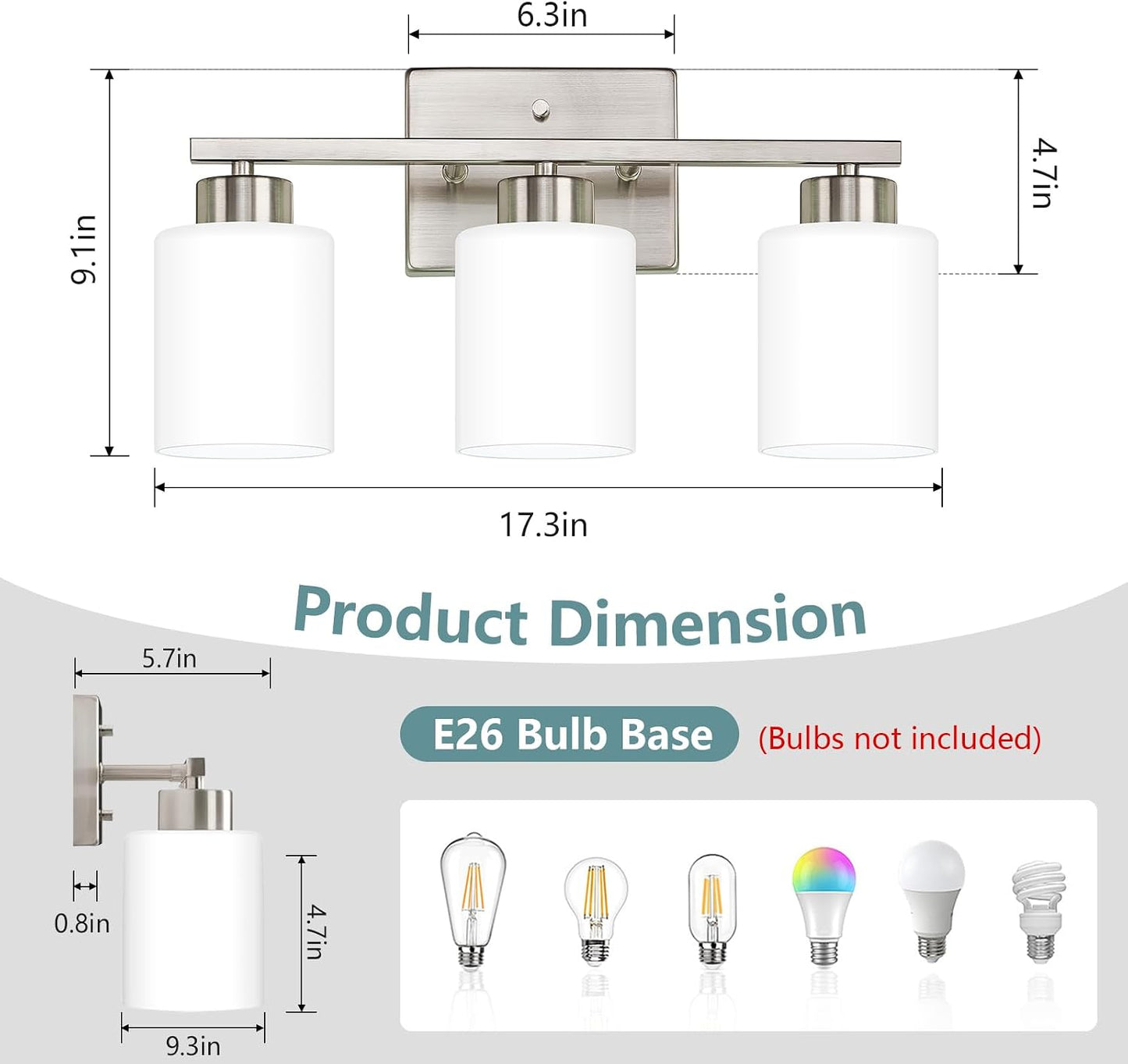 Lámpara baño níquel cepillado 3 luces vidrio esmerilado blanco