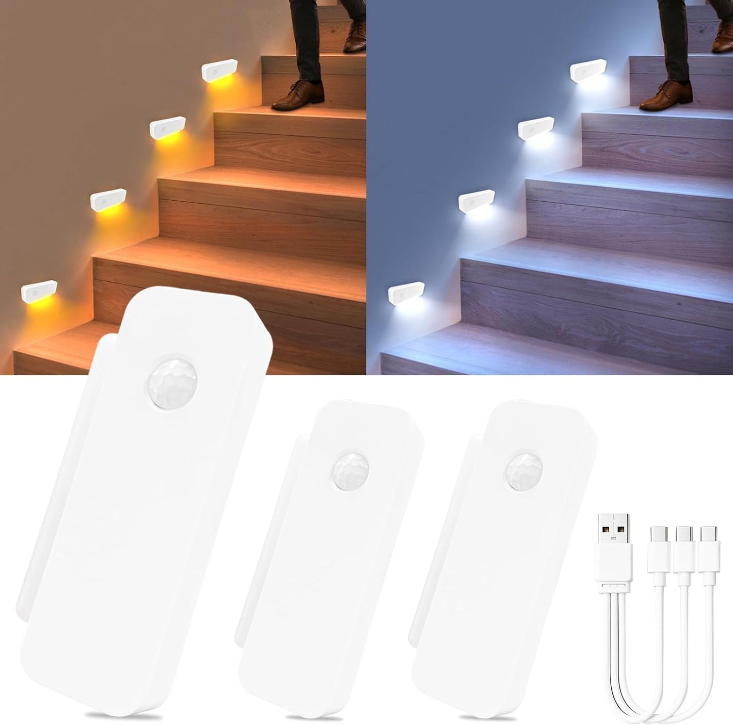 Luz nocturna sensor movimiento recargable para escaleras pasillos