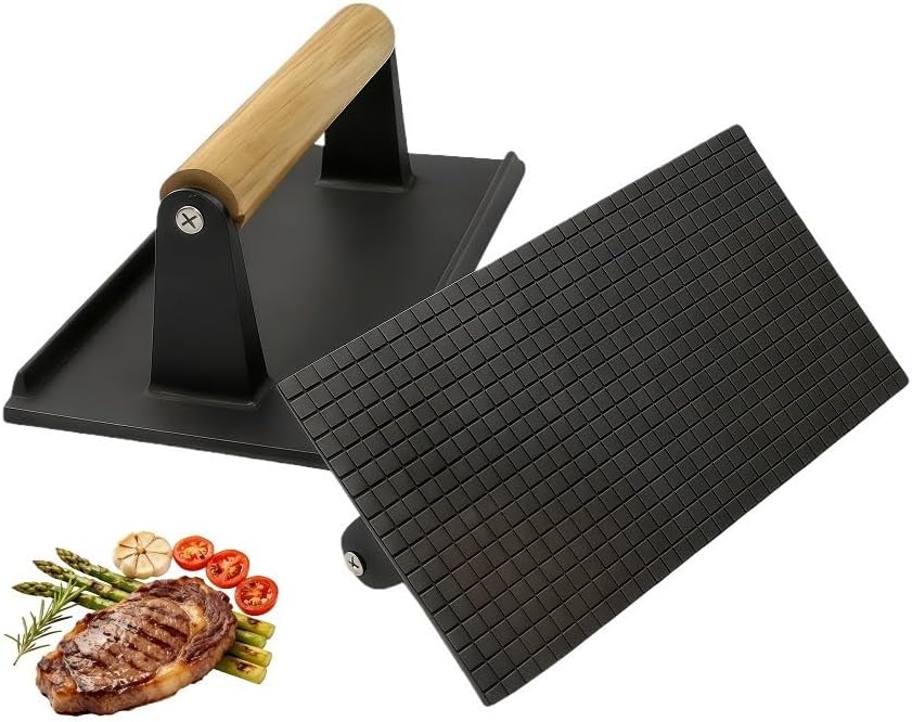 Parrilla de hierro fundido y prensa de tocino rectangular para hamburguesas con mango de madera