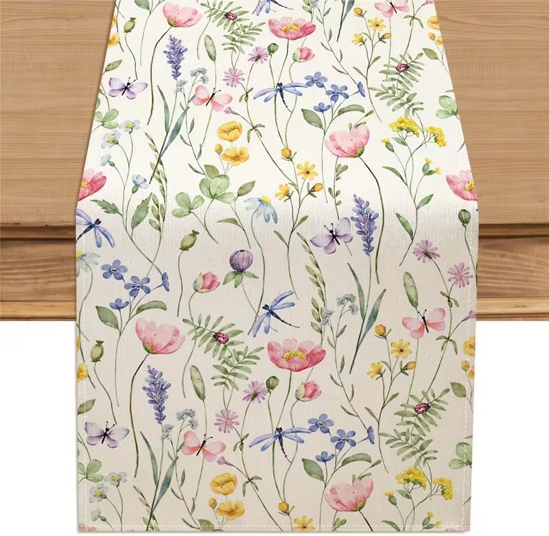 Camino de mesa floral de libélula y mariposa 13 x 72 pulgadas