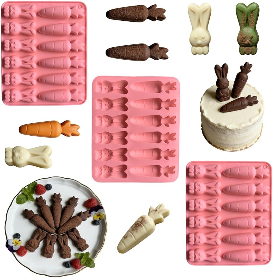 Moldes de silicona en forma de conejo de 12 cavidades para galletas de pudín de chocolate