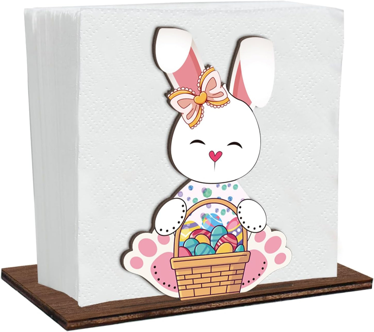 Servilletero Pascua conejo huevos papel madera decoración