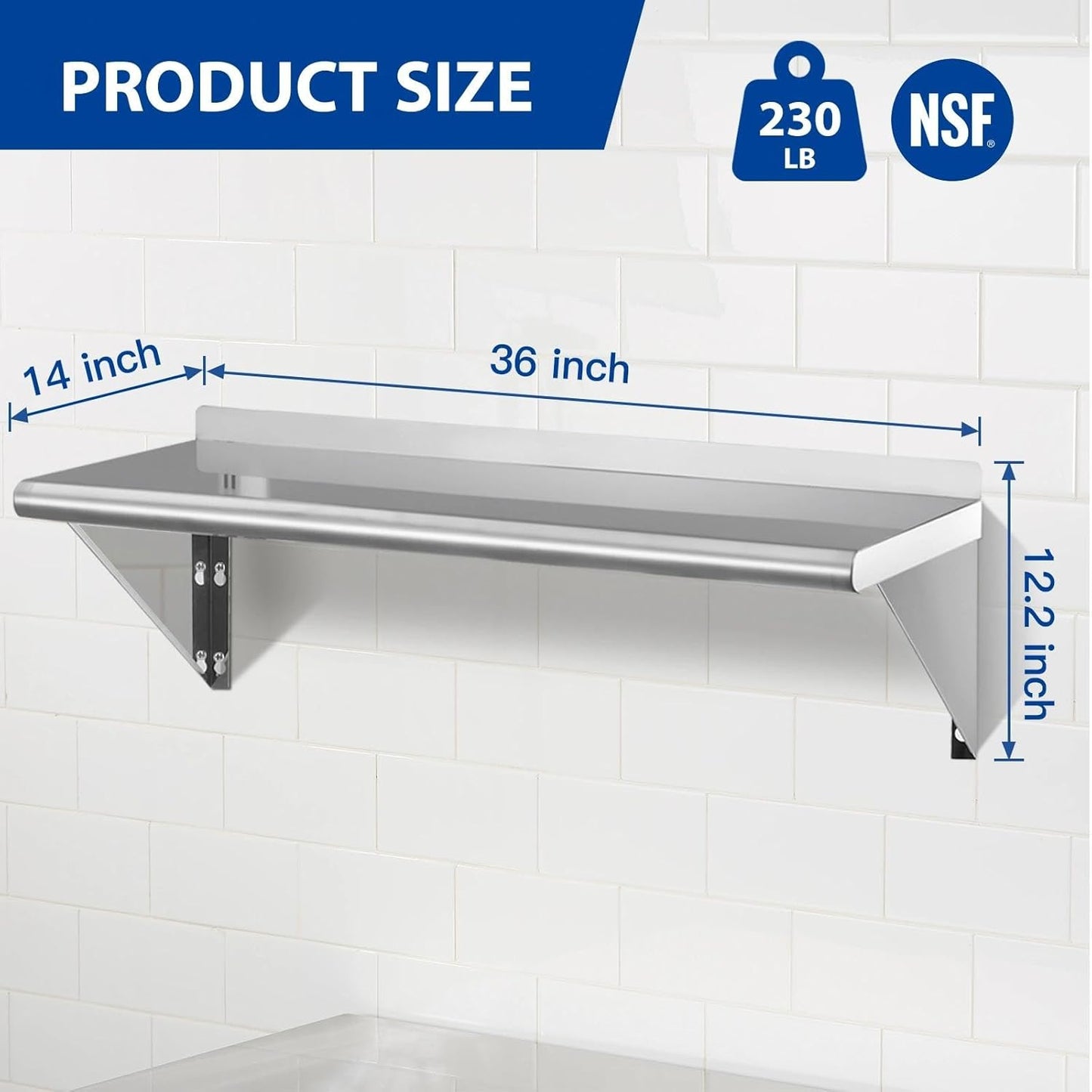 Estante pared acero inox 14x36pulg 230lb uso comercial