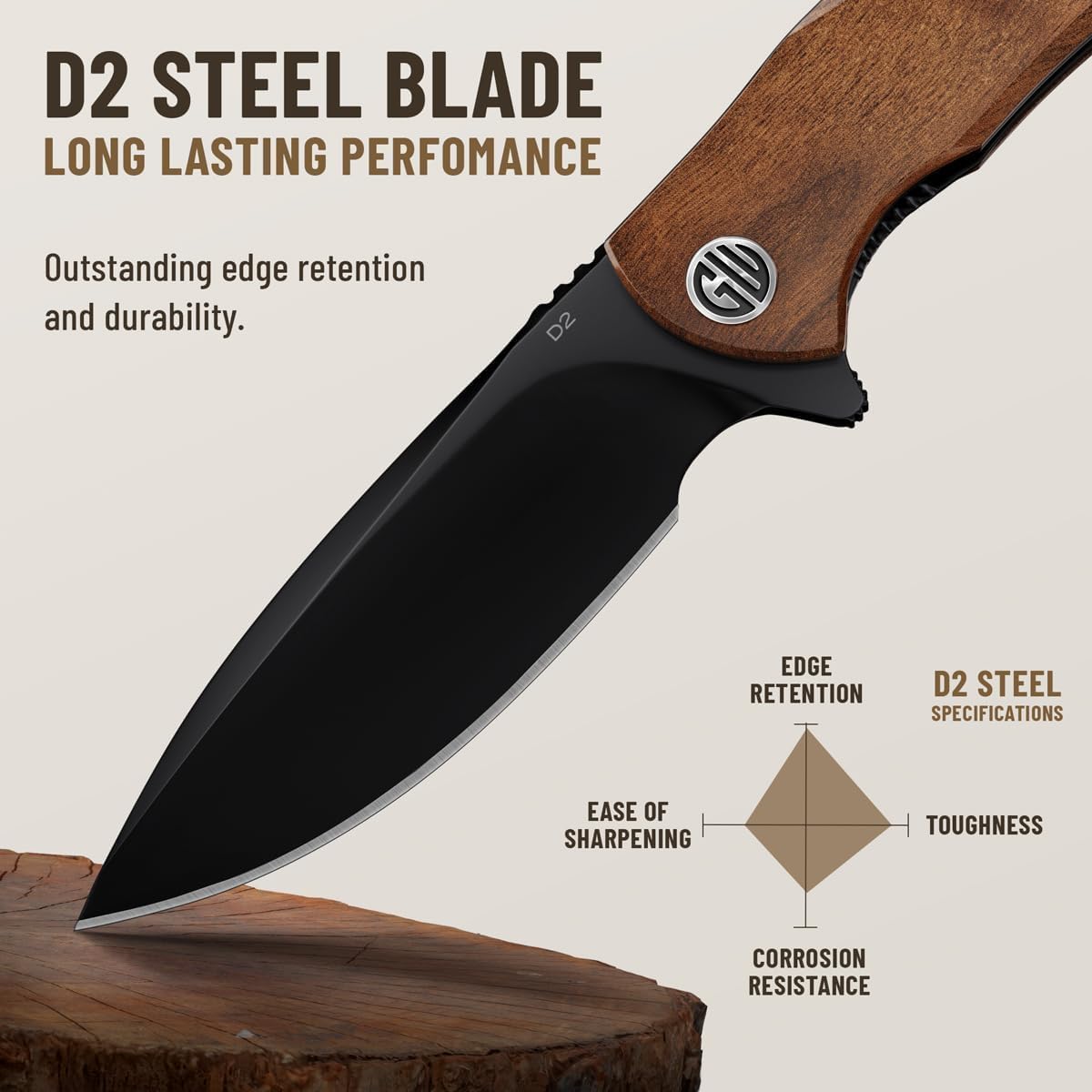 Cuchillo EDC plegable acero D2 mango madera clip transporte