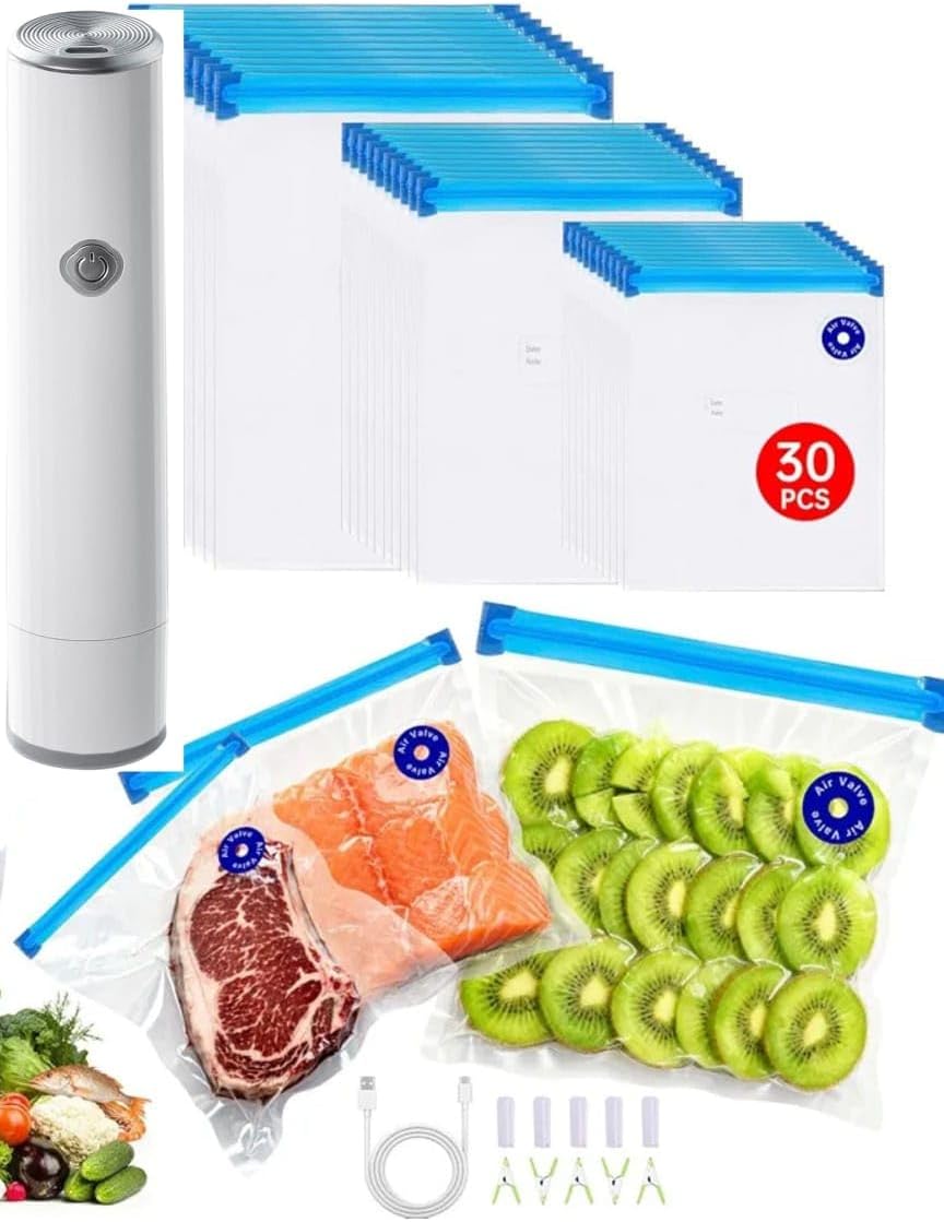 Sellador al vacío portátil con pantalla LED 30 bolsas reutilizables