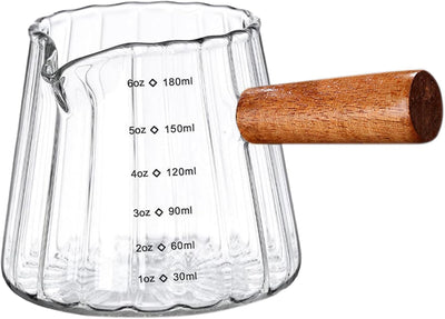 Taza medidora de café expreso con mango de madera 6 oz jarra de espuma de leche de vidrio borosilicato doble escala boquilla en V