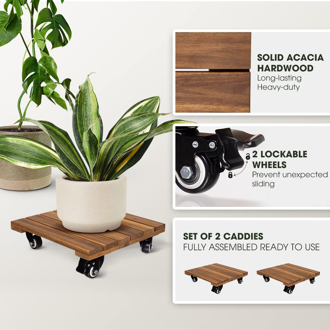 2 Cajas Madera Acacia para Plantas con Ruedas Bloqueables 360°