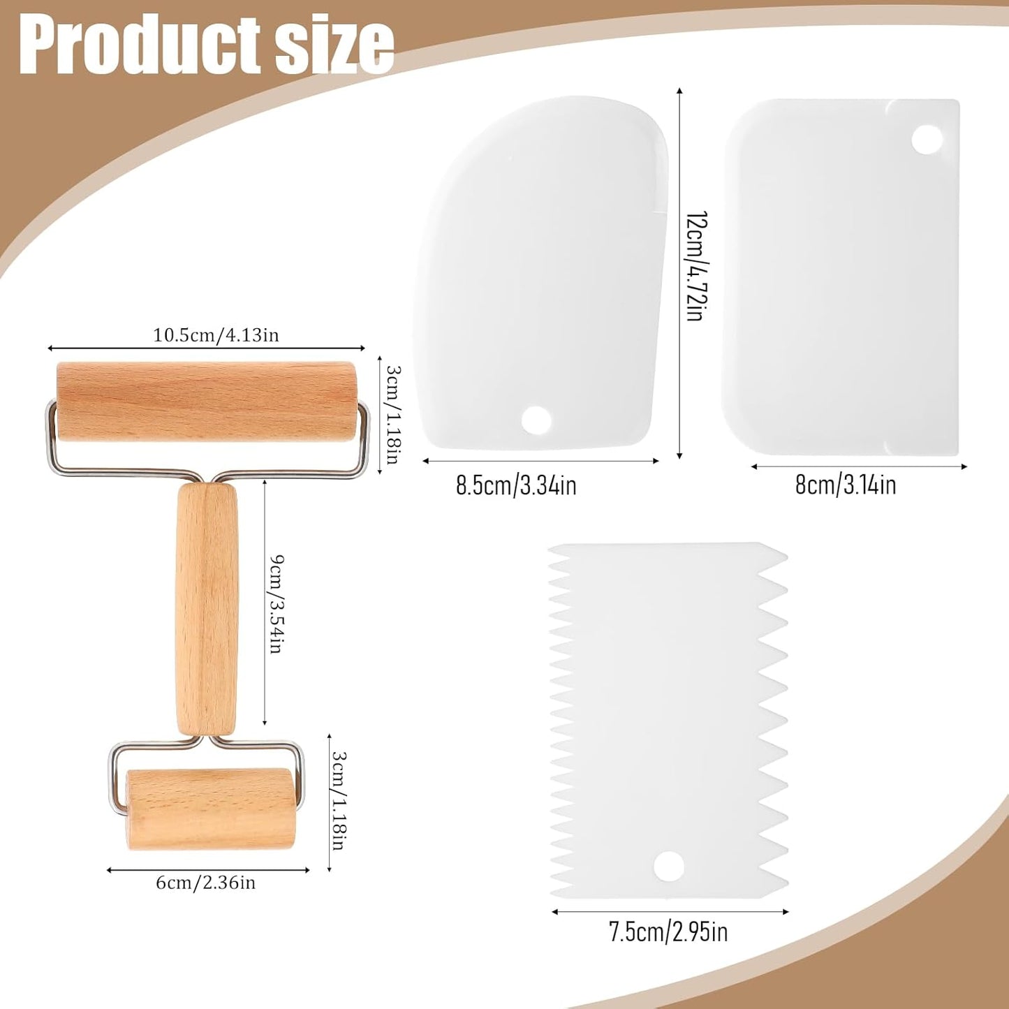 Mini rodillo de madera doble para masa con 3 raspadores antiadherente