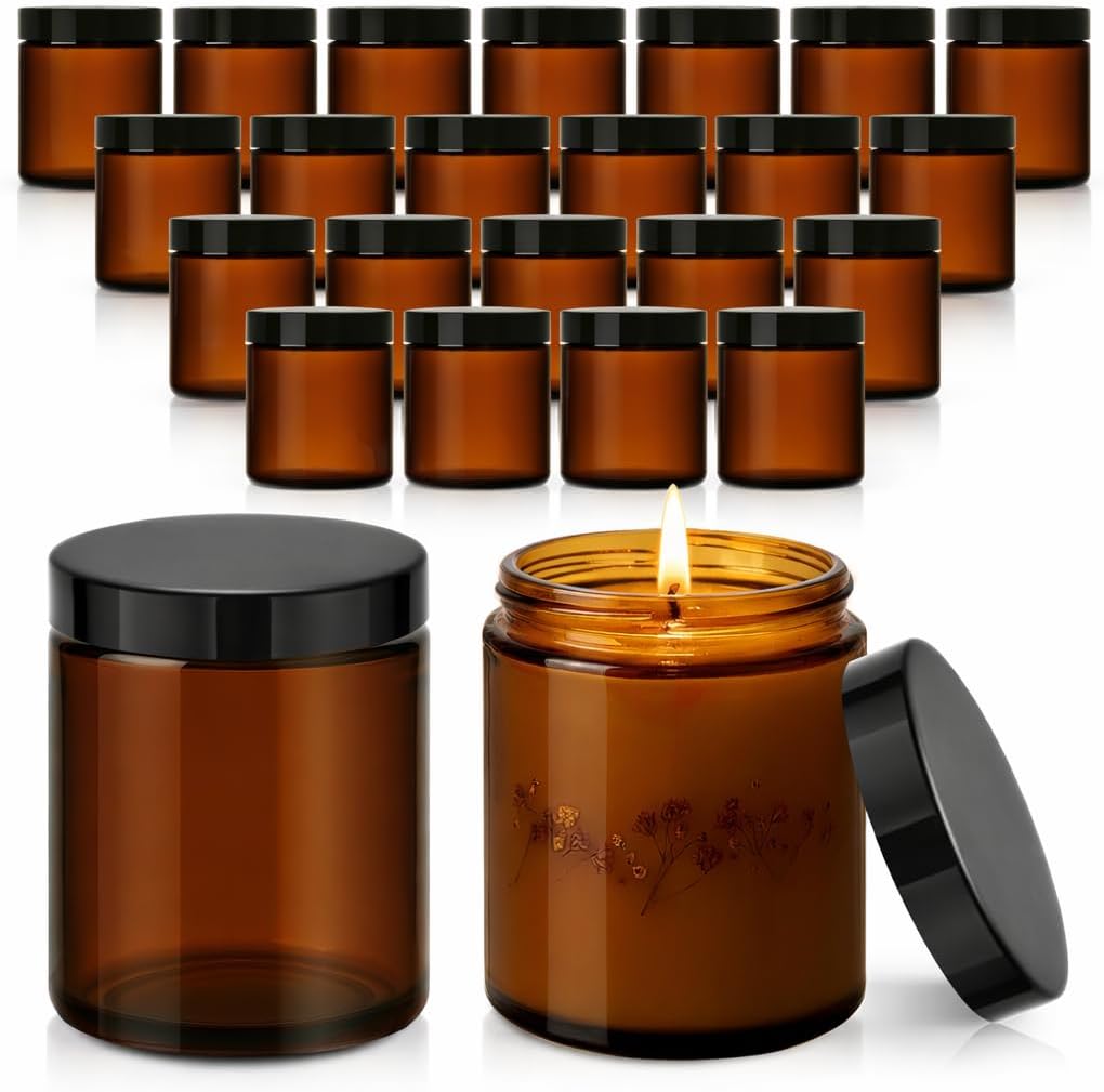 24 Pzas Tarros Vidrio Ámbar 8oz Con Tapas Para Velas Almacenamiento
