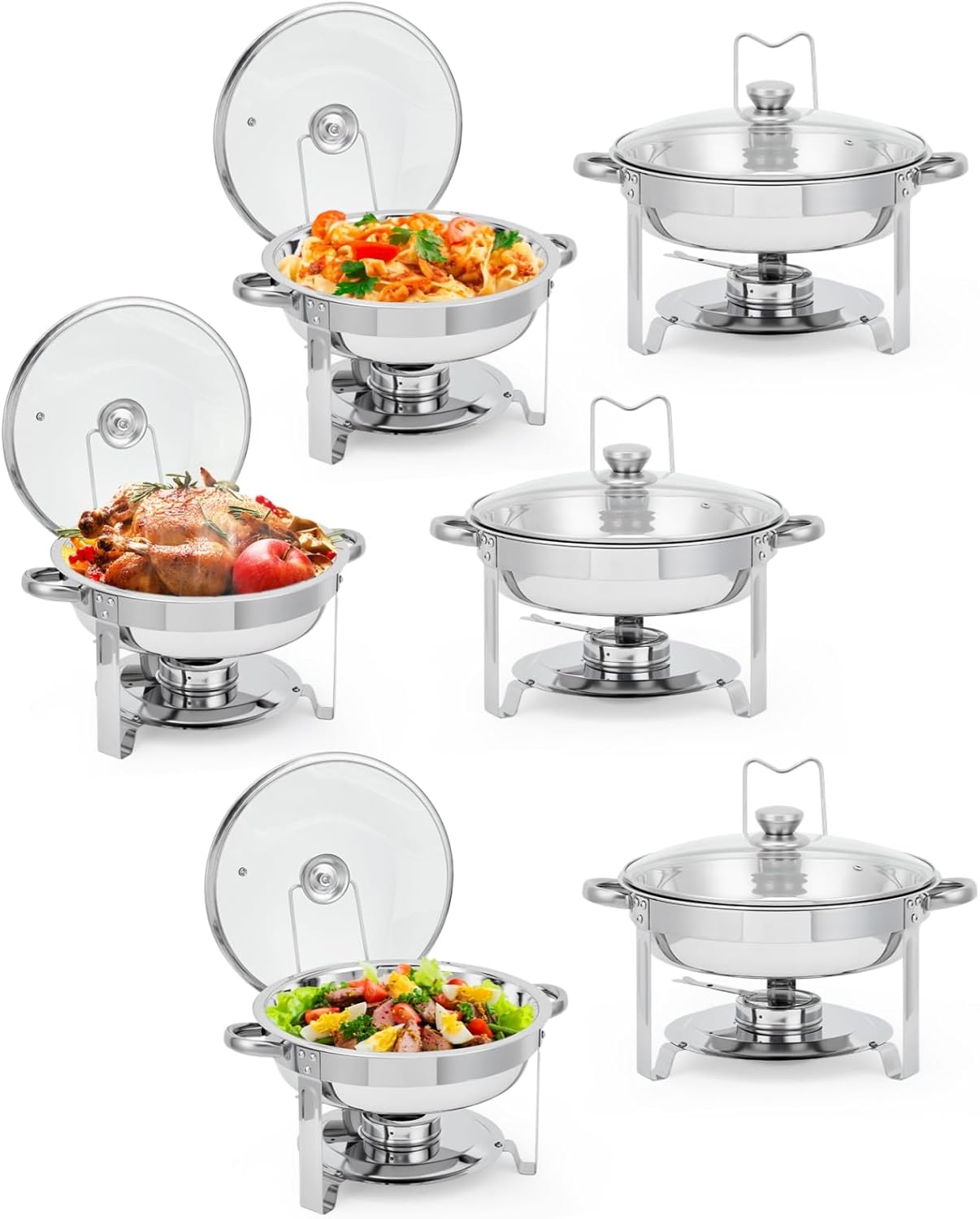 6 Pzas Plato Acero Inox 5qt Con Tapa Vidrio Soporte