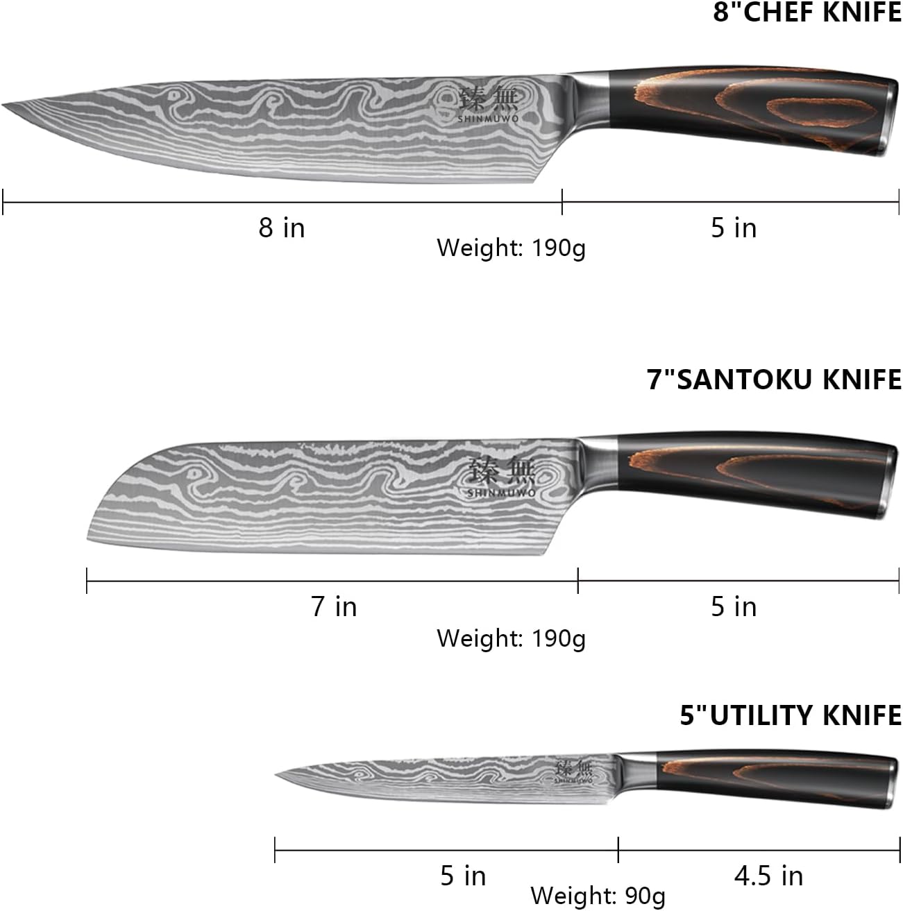 Set 3 Cuchillos Chef Santoku Acero Inox Ergonómico Madera