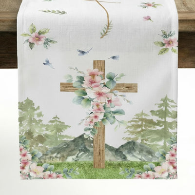 Camino de mesa Pascua 13 x 72 pulgadas cruz madera rústica diseño floral He is Risen decoración religiosa