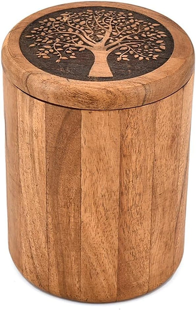 Tarro madera acacia grabado árbol vida cocina 4.5x4.5x6pulg