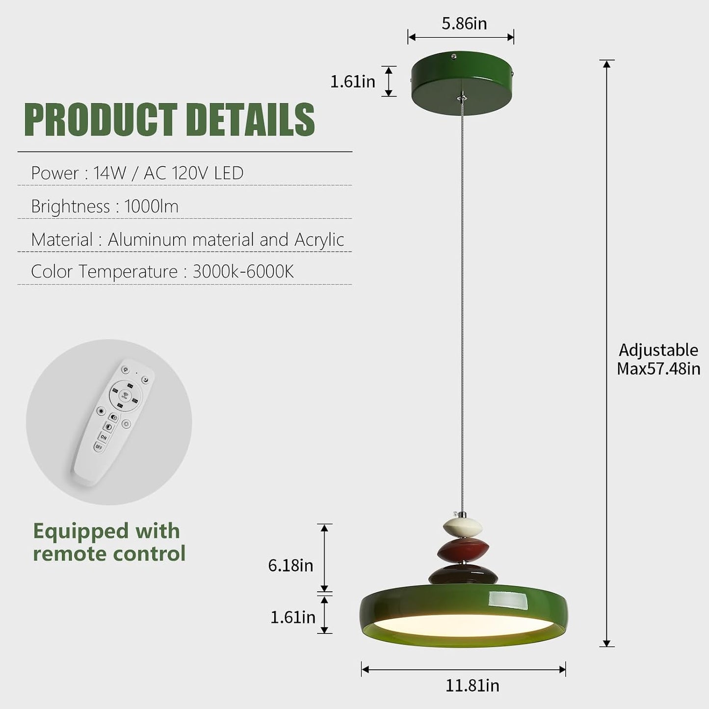Lámpara colgante LED verde 12pulg regulable 3 modos cocina comedor