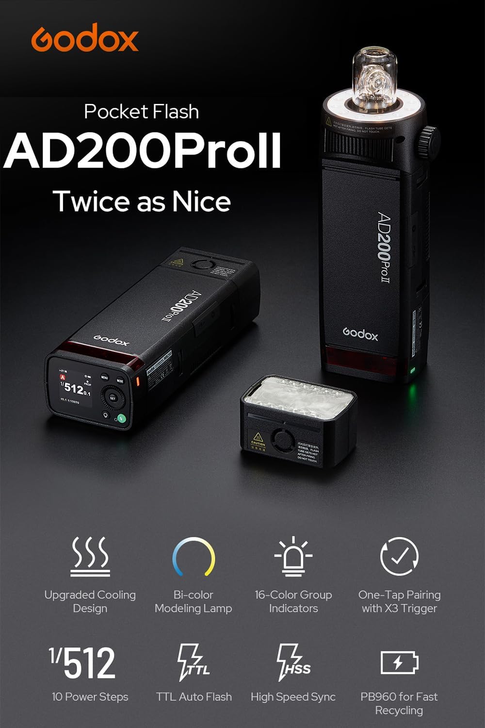 Flash AD200Pro II 200ws TTL múltiples cabezales reciclaje 0.01-1.8s