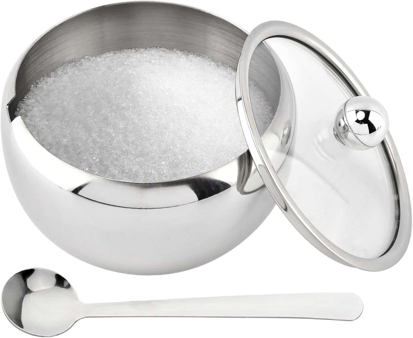 Azucarero de acero inoxidable con tapa y cuchara, 14 oz, para lavavajillas, ideal para cafetería y cocina