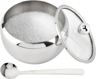 Azucarero de acero inoxidable con tapa y cuchara, 14 oz, para lavavajillas, ideal para cafetería y cocina