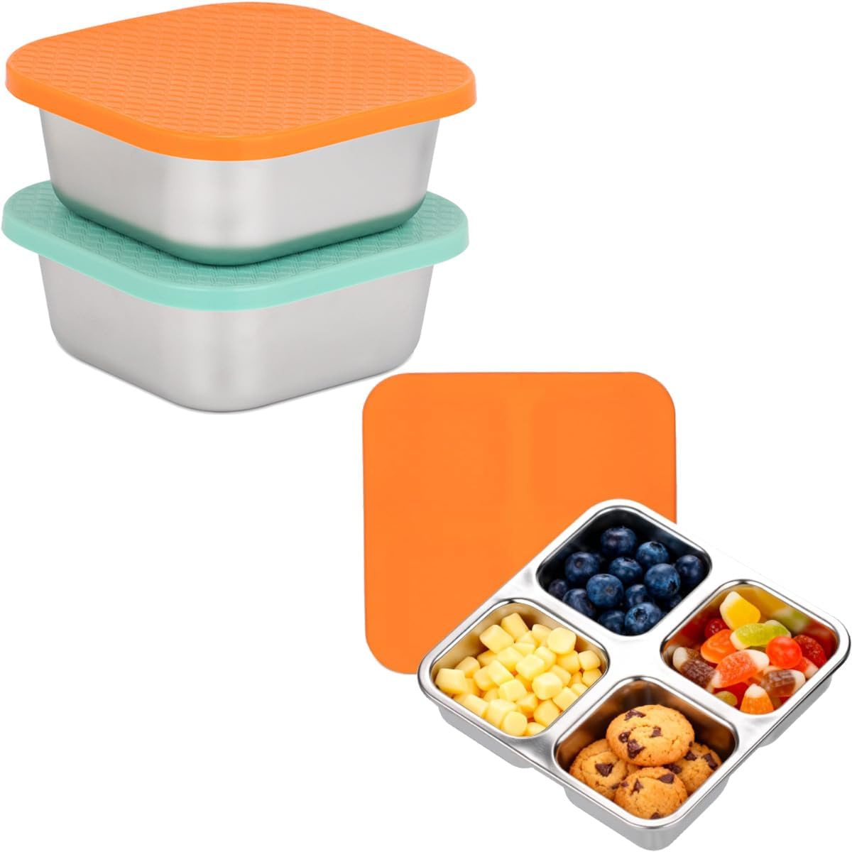 2 Pzas Contenedor Snacks Acero Inox 4 Compartimentos